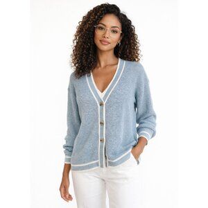 A New Day Cool Blue White Trim Oversized Cardigan Sweater Size S V-Neck